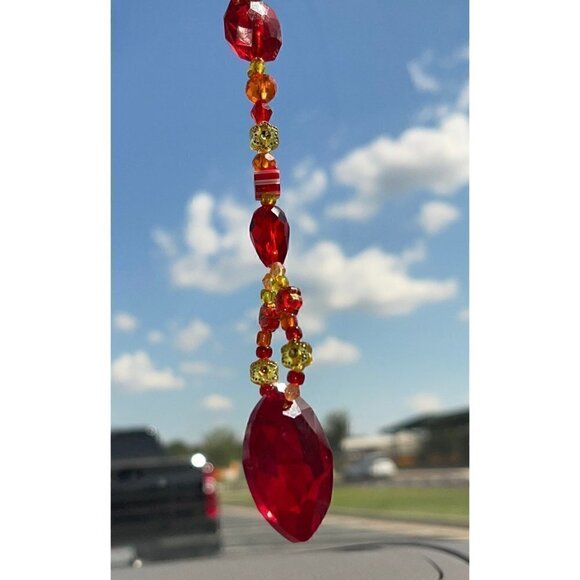 Beaded Suncatcher Rearview Mirror Car Charm Yellow Orange Red Crystal Prism - Picture 3 of 10